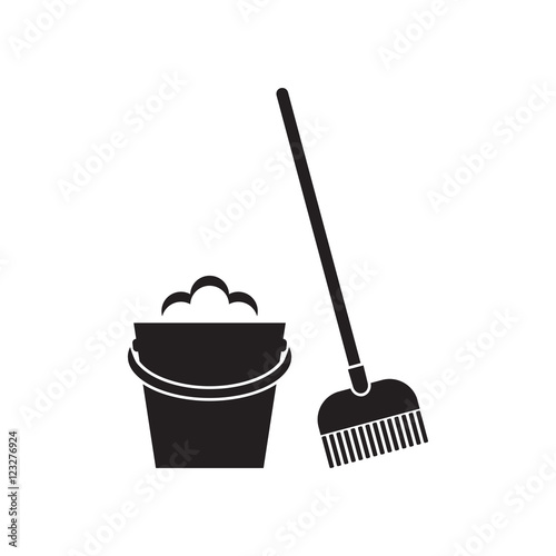 Bucket and mop on white background.