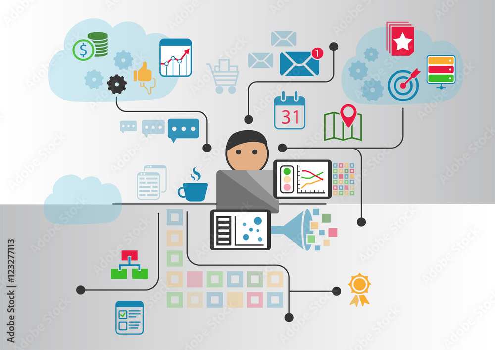 Cloud computing concept as vector illustration. Cartoon person connected to the cloud via notebook and other smart devices