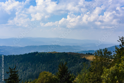 Carpathian Mountains in Summer. Beautiful nature landscape with mountains  trees and blue sky with clouds