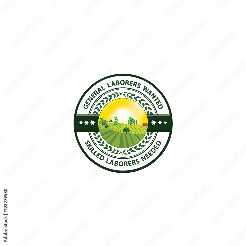General Laborers wanted, Skilled laborers needed - hiring stamp / label / sticker with rural landscape on the background. Print colors used General Laborers wanted, Skilled laborers needed - hiring stamp / label / sticker with rural landscape on the background. Print colors used