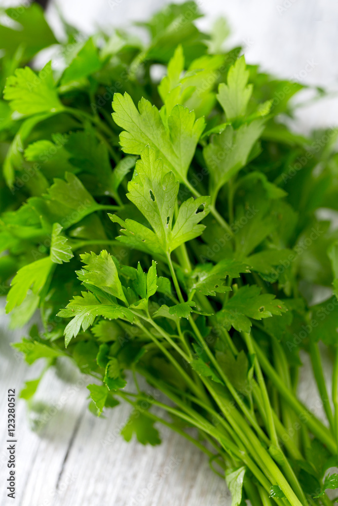 bunch of parsley on wooden surface bunch of parsley on wooden surface
