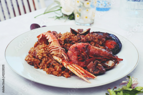 Traditional Home made Spanish Paella, seafood brice dish