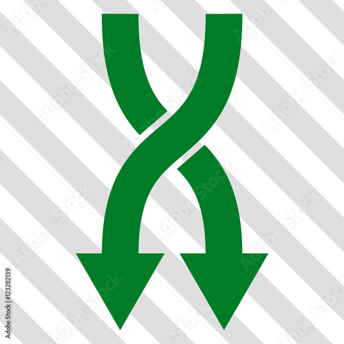 Shuffle Arrows Down vector icon. Image style is a flat green icon symbol on a hatched diagonal transparent background.