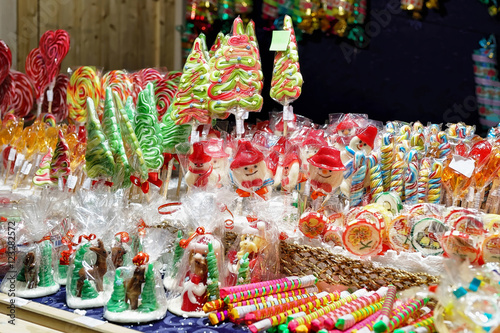 Stall with colorful candies at Christmas Market in Vilnius