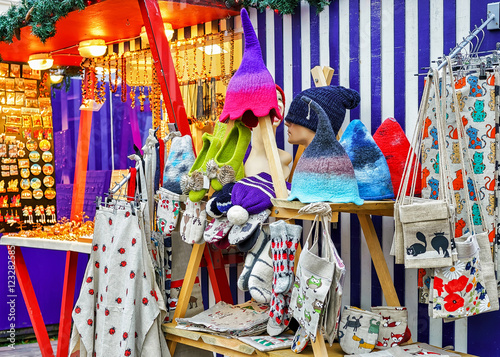 Stall with festive textile souvenirs at the Riga Christmas market