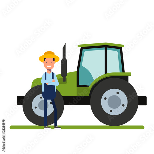 Happy Farmer standing next to the new tractor. Machinery for agriculture. The worker on the plantations or in the garden. A man in a straw hat. Heavy Equipment. Flat vector illustration.