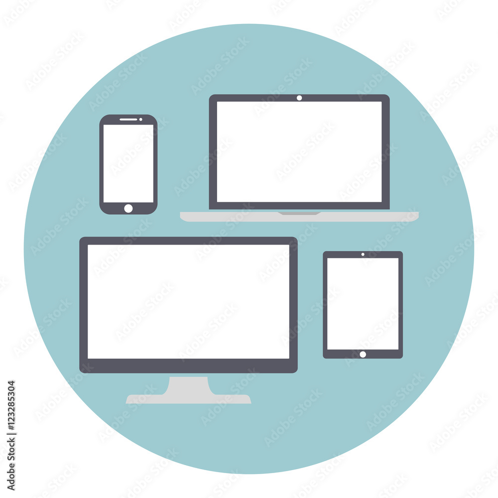 Set of computer monitors, laptops, tablets and mobile phones. Electronic gadgets, isolated background, vector illustration Set of computer monitors, laptops, tablets and mobile phones. Electronic gadgets, isolated background, vector illustration