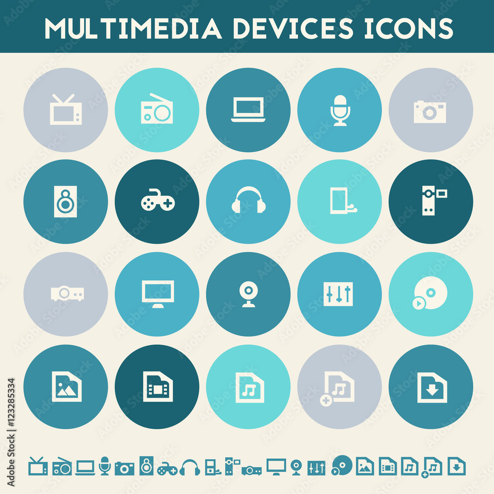 Multimedia icons. Multicolored flat buttons Multimedia icons. Multicolored flat buttons