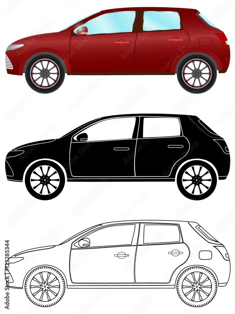 Modern hatchback car in three different types