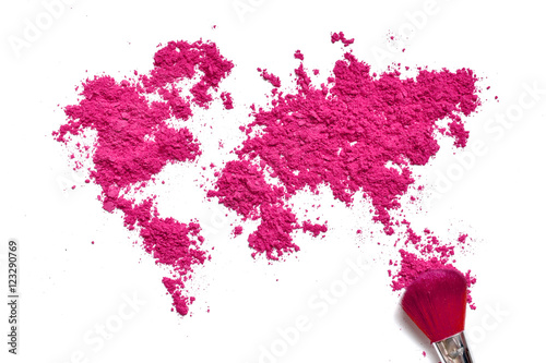 Map of world from color cosmetic with brush isolated on a white