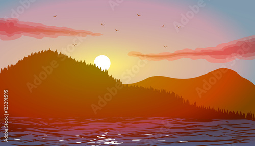 Vector illustration. Beach by the sea with mountains at sunset