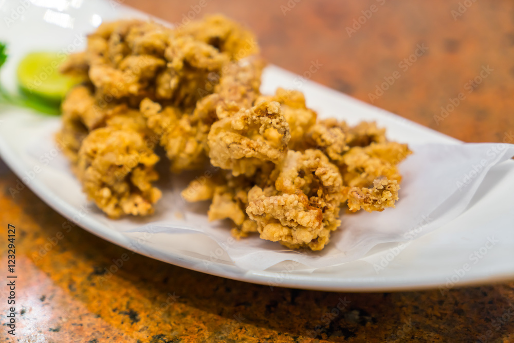 Fried squid on white plate . Fried squid on white plate .