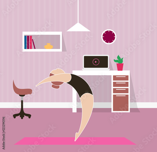 flat womаn doind yoga with video tutorial in home office