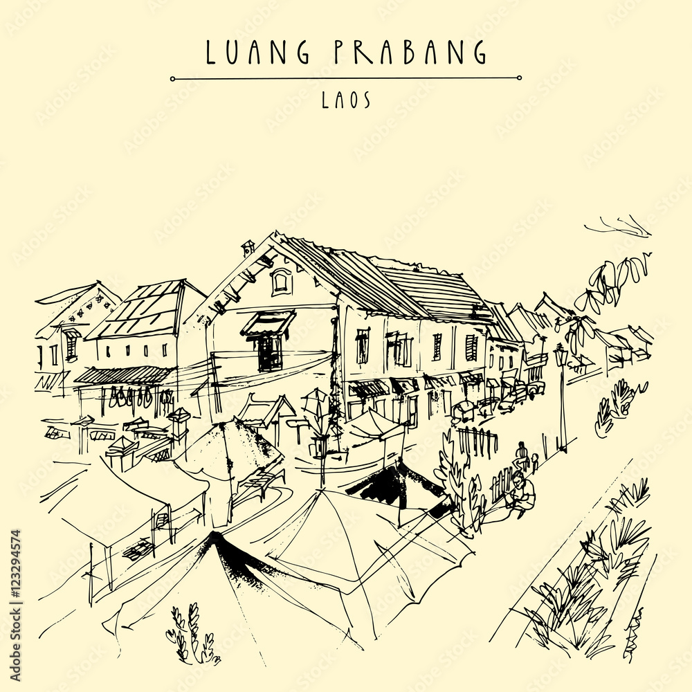 Market place in Luang Prabang, Laos, Southeast Asia. French colonial buildings on the background. Vintage hand drawn touristic postcard
