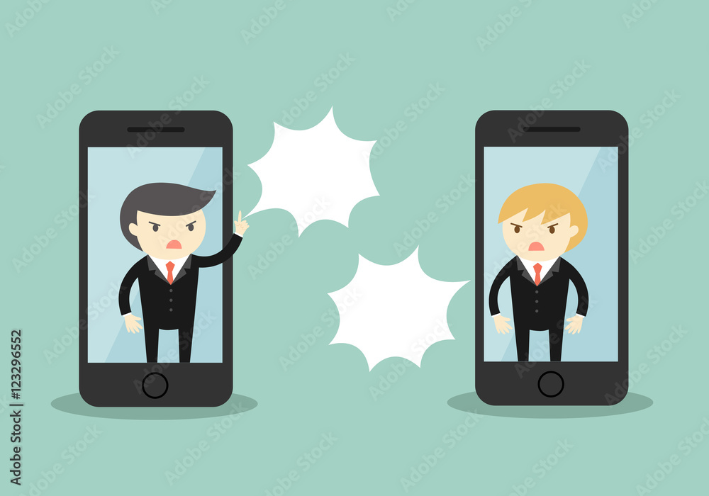 Business concept, Two businessmen are arguing via smartphone. Vector illustration.