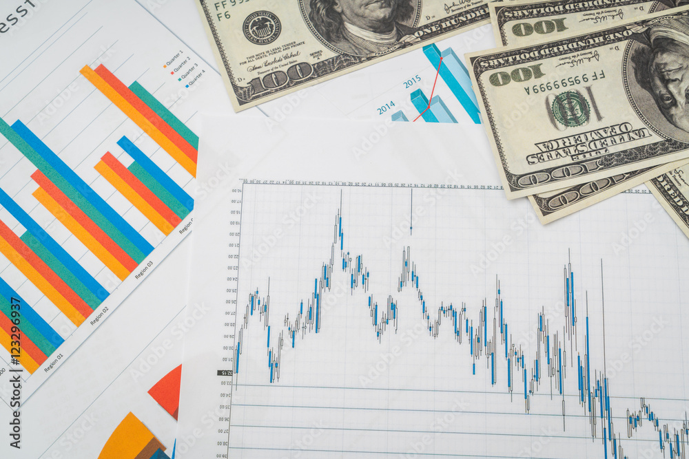 Financial charts on the table with dollars banknotes . Financial charts on the table with dollars banknotes .