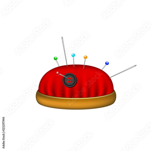 Pincushion in red design with needles and pins