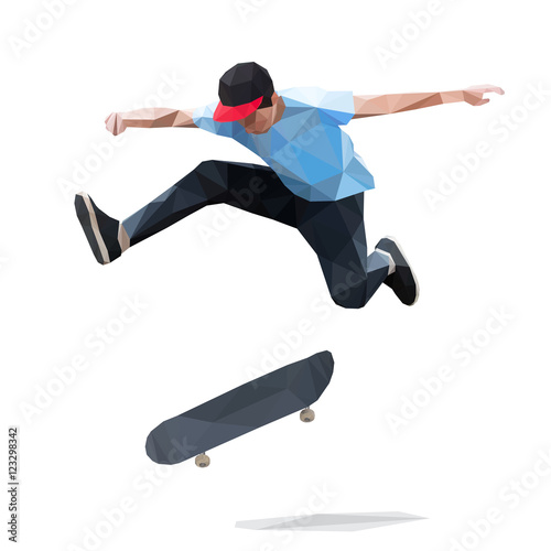 Skateboarder doing a jumping trick on skateboard. Low Poly Vecto