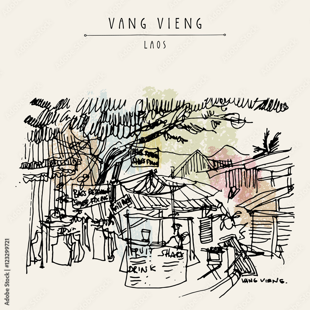 Fototapeta premium Fruit and juice shack in Vang Vieng, Laos, Southeast Asia. Vintage hand drawn touristic postcard