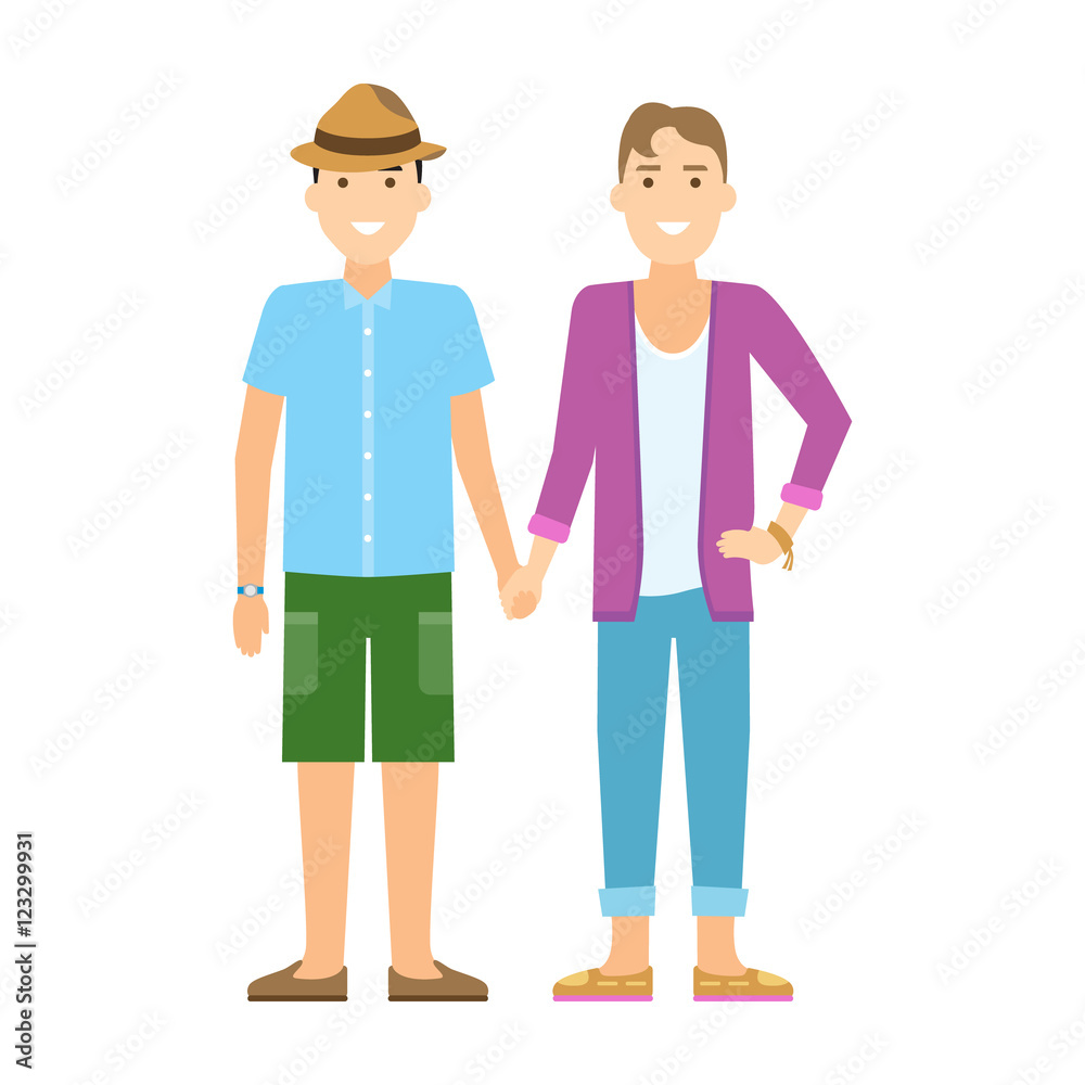 Isolated gay couple. Two handsome cartoon men standing on white background and holding hands. Happy homosexual relationship.