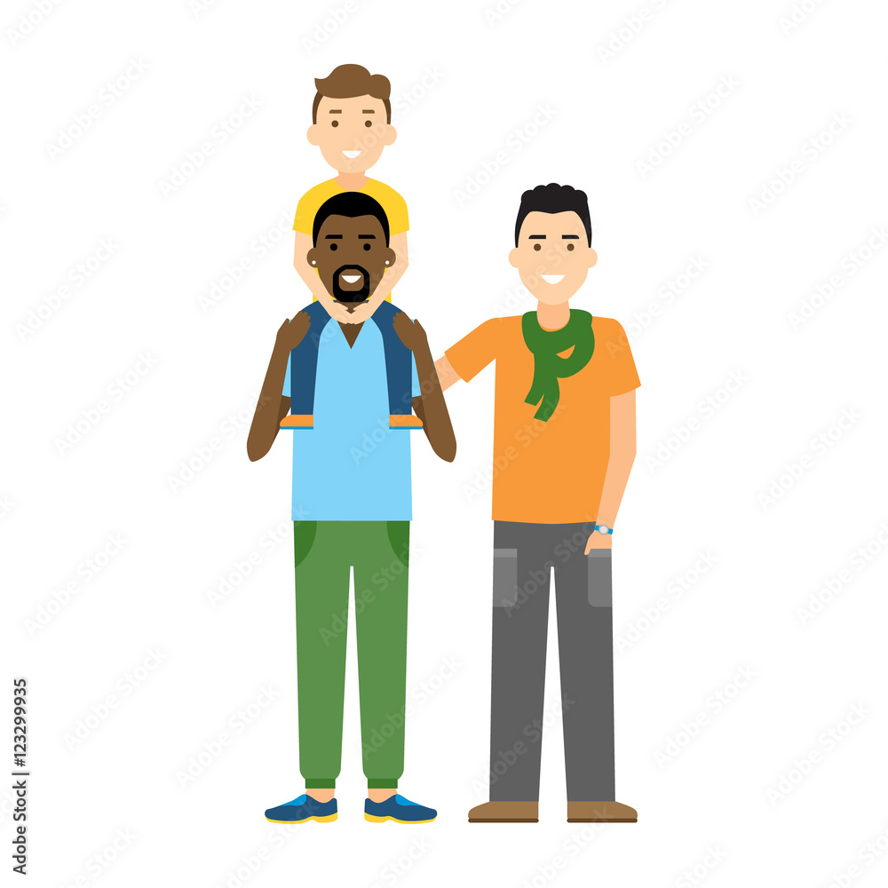 Isolated gay family. Two handsome cartoon men standing on white background  and holding hands. Happy homosexual relationship. Kid sitting on the  shoulders. Stock Vector | Adobe Stock