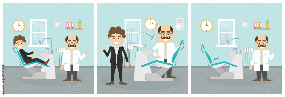 Smiling dentist with moustache with funny patient at dental cabinet.