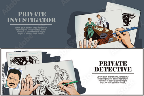 Private detective and girl. Hand paints picture.