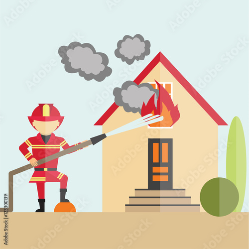Firemen fights with fire. Firefighter spraying water with hose on the house wth flame. Rescue job.