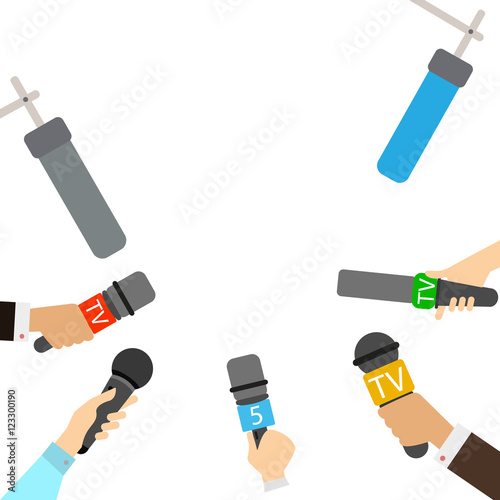 Journalists with microphones on white background. Breaking news concept. TV and radio broadcasting. Live.