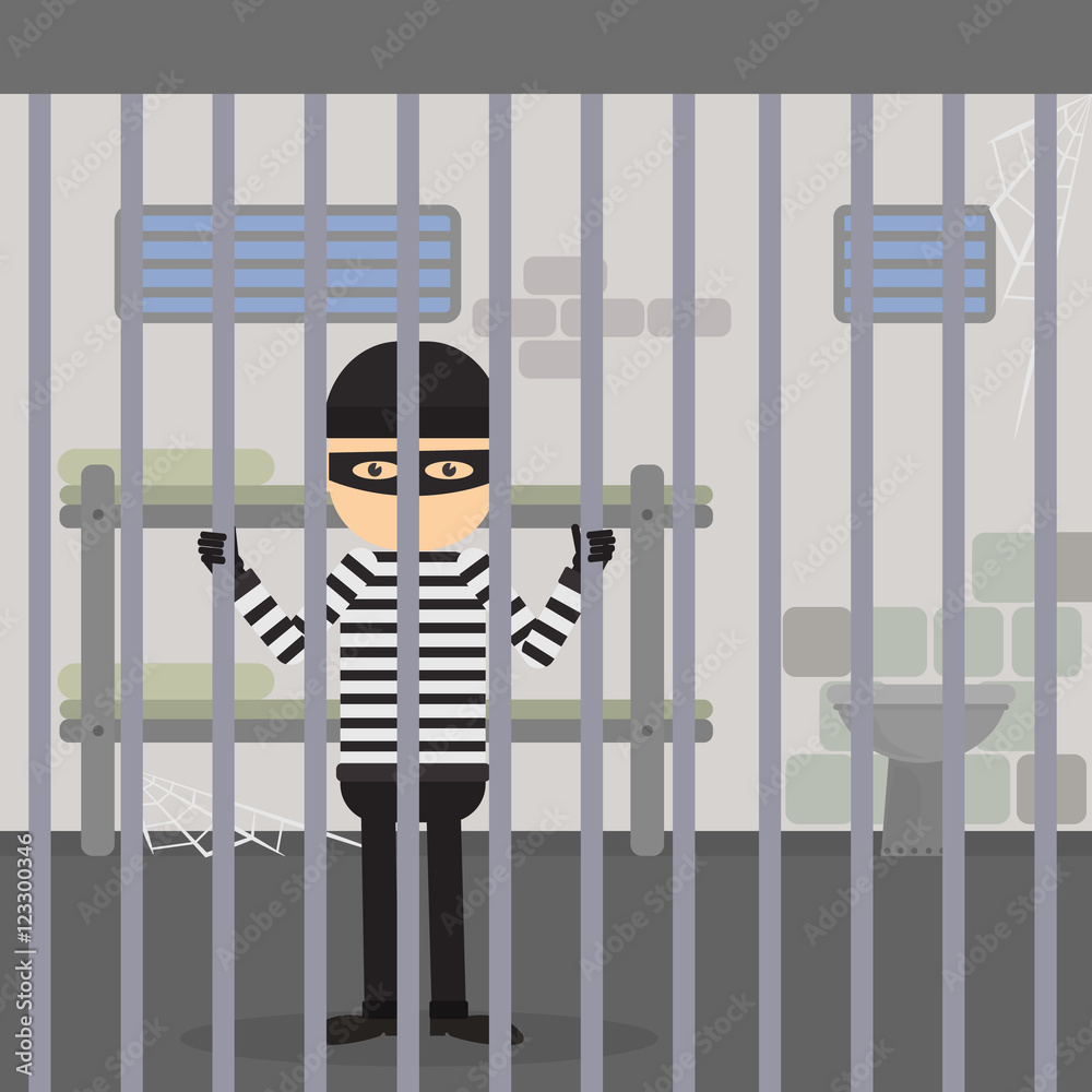 Robber behind the bars. Prisoner sitting in the jail. Funny cartoon  character in striped outfit and black mask. Stock Vector | Adobe Stock