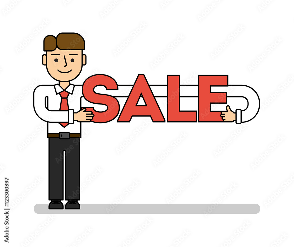 Businessman with sale. Isolated cartoon character with sale title on white background. Businessman with sale. Isolated cartoon character with sale title on white background.