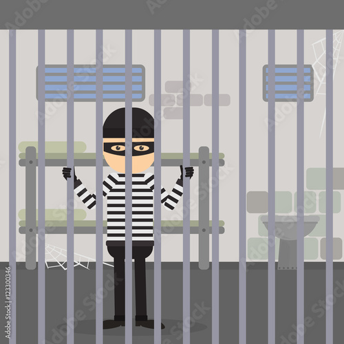 Robber behind the bars. Prisoner sitting in the jail. Funny cartoon character in striped outfit and black mask.
