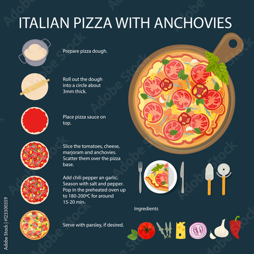 Pizza with anchovies recipe. Fresh and delicious pizza with tomatoes, anchovies and onion. Italian cuisine.