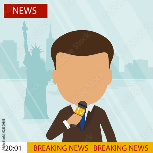 Live news presenter. Latest news. On air. Silhouette of anchorman with microphone. Professional journalist.