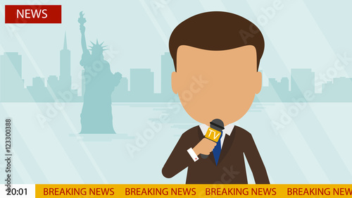 Live news presenter. Latest news. On air. Silhouette of anchorman with microphone. Professional journalist. Breaking news.
