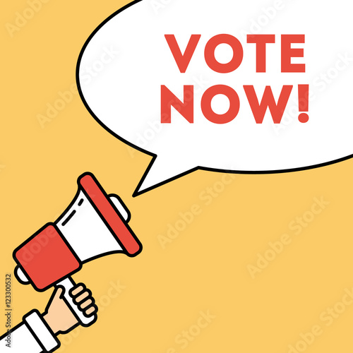 Vote now concept. Hand with megaphone on bright orange background with speech bubble. Presidential campaign.