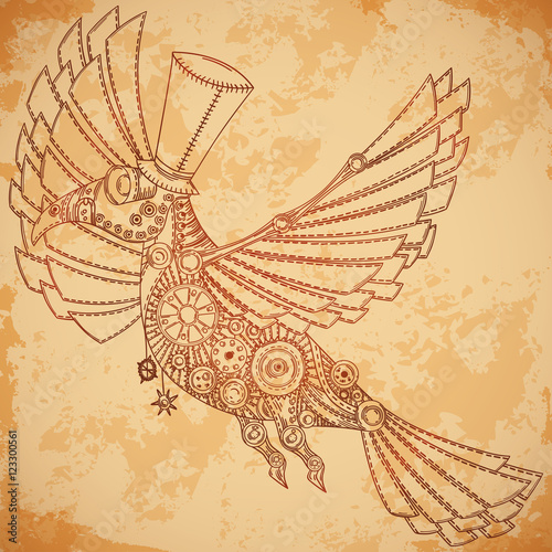 Mechanical bird in steampunk style on aged paper background. Vintage hand drawn vector illustration