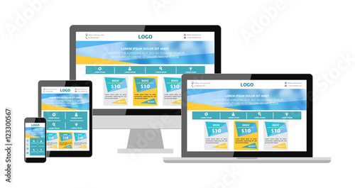 Template site on the screen. Mockup website design. Isolated computer, tablet, smartphone and laptop screens with interface.