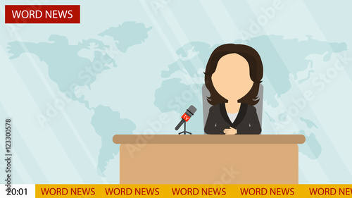 Breaking news on tv. Female news reporter with microphone sitting at the table. Latest information. Tv screen with headline.