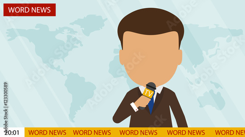 Live news presenter. Latest news. On air. Silhouette of anchorman with microphone. Professional journalist. Breaking news.
