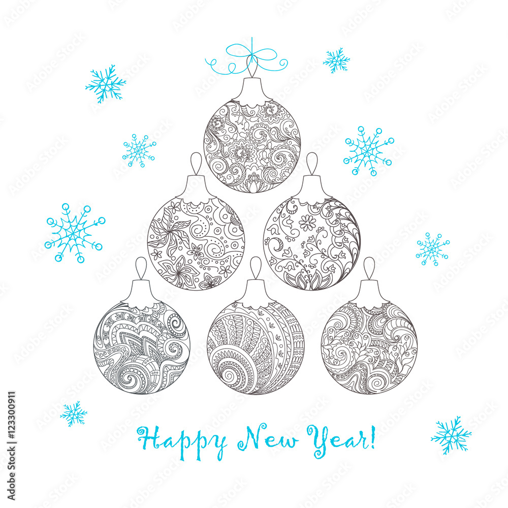 Christmas card with hand drawn decorated balls Christmas card with hand drawn decorated balls