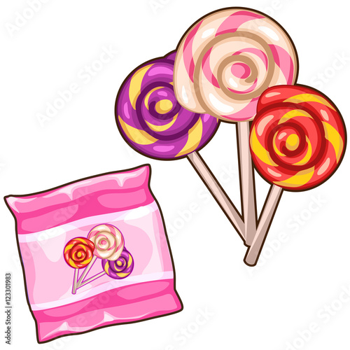 Pink bag with three colorful spiral lollipops