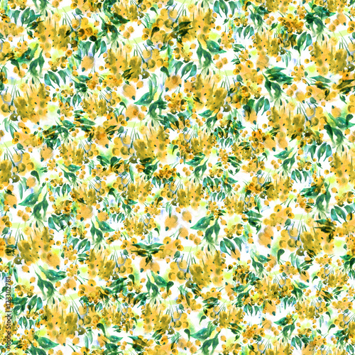 Watercolor Vintage seamless pattern of a vegetative pattern, rowan berries, sea buckthorn, leaves, yellow and green