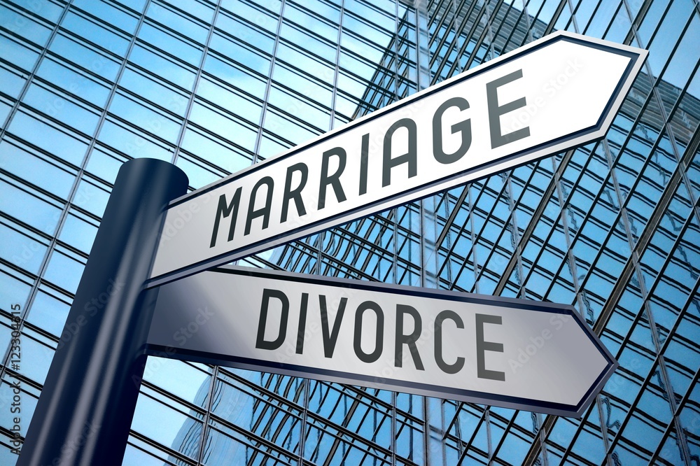 Signpost illustration, two arrows - marriage and divorce Signpost illustration, two arrows - marriage and divorce