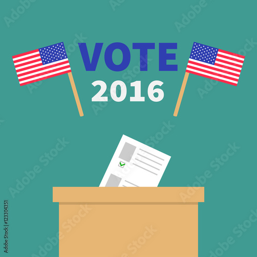 Ballot Voting box with paper blank bulletin concept. Polling station. President election day Vote 2016. Crossed American flag set. Isolated Green background Flat design Card