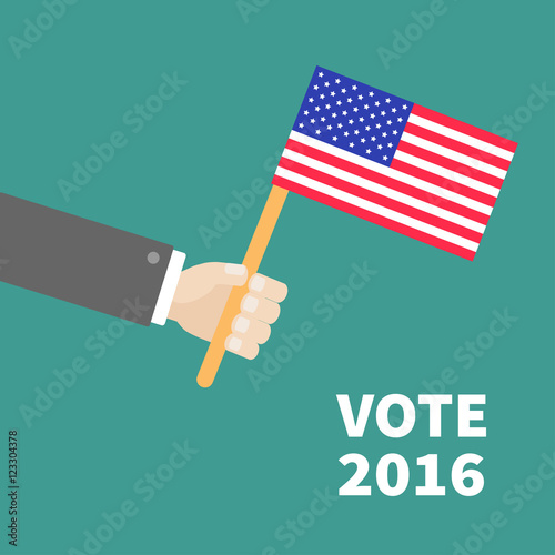 Businessman hand holding american flag. President election day 2016. Voting concept. Isolated Green background Flat design Card
