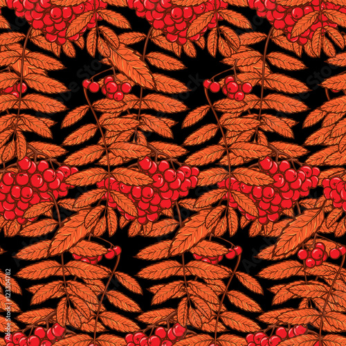 Autumn rowanberry leaves and berries. Detailed intricate hand drawing. Chaotic distribution of elements. Red on black seamless pattern. EPS10 vector illustration.
