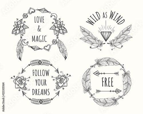 Boho tribal native style logo set with feathers, arrows and flowers native for wedding cards and prints. Vector ilustration