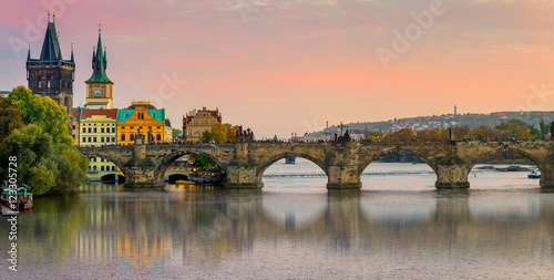 Panorama of Charles bridge in Prague, Czech republic, Europe