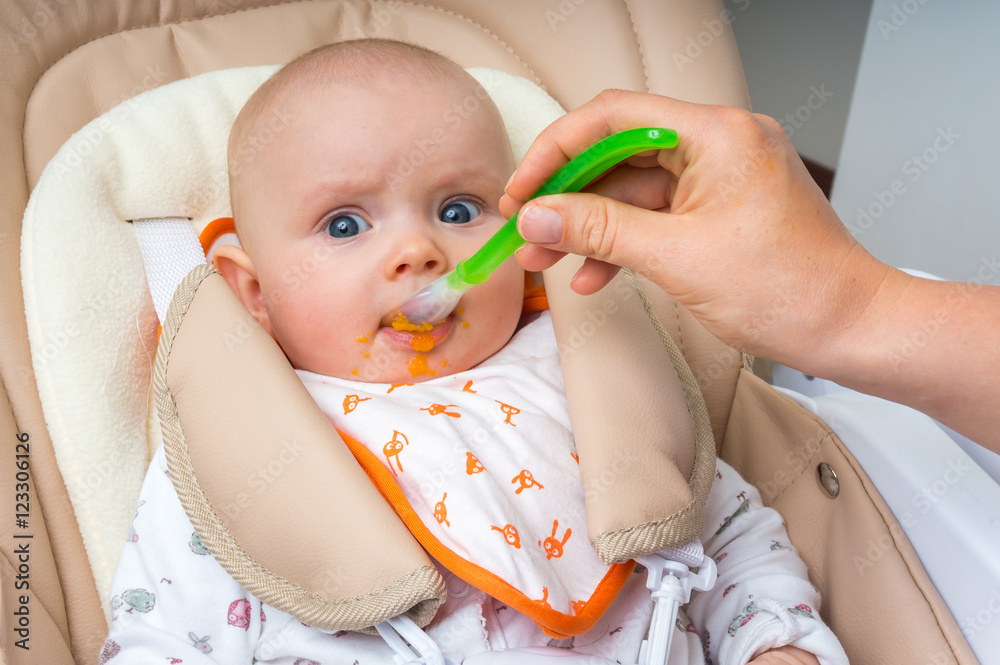 Mother feeding her baby girl with a spoon Mother feeding her baby girl with a spoon